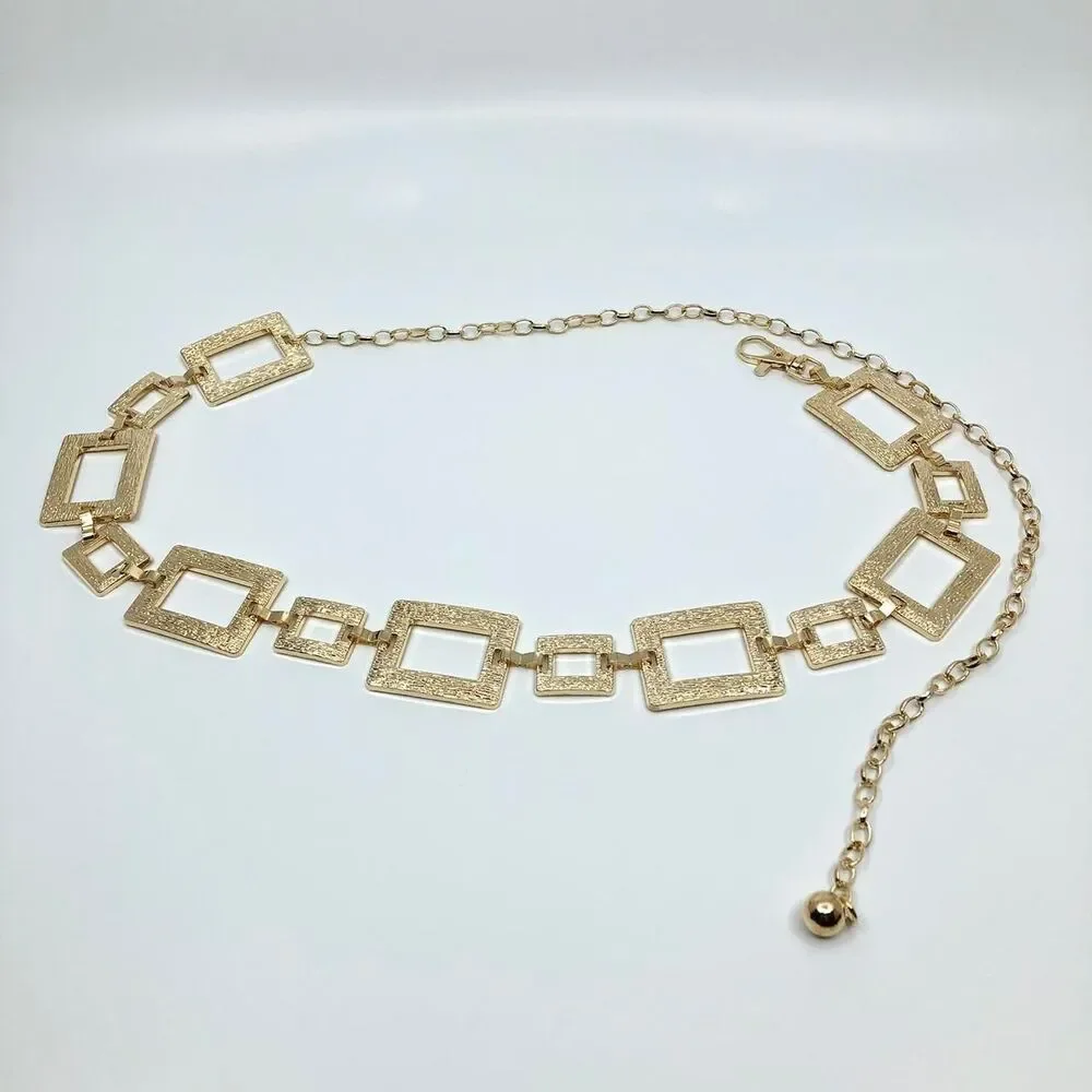 Y2K Geometric Gold Textured Square Link Chain Belt, Up to 44 Inches, X7GA1140